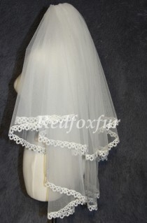 wedding photo - Alencon Bridal Veil, two layers of lace, finger length lace wedding veil, double lace veil with lace trim