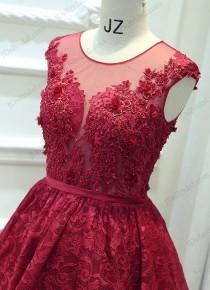 wedding photo -  Red color sweetheart keyhole back short lace prom party gown