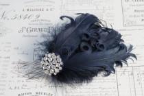 wedding photo - Navy feather hair comb , Curly feathers -Wedding hair-1920s flapper style -Bridal Hair Accessories , wedding  headpiece black or ivory.
