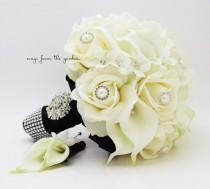 wedding photo - Real Touch Bridal Bouquet Stephanotis Roses Calla Lilies in Black and White & Groom's Boutonniere - Customize for Your Colors