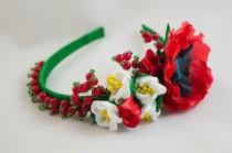 wedding photo - Headband in Ukrainian style, poppy and berries, with beads, gift for girl woman, ukrainian souvenir, couronne fleur, Ukrainian wreath