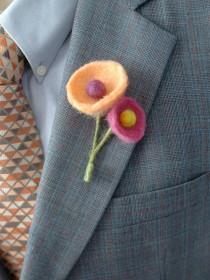 wedding photo - Felt boutonniere for funky modern wedding - orange, purple and pink funky felt flowers