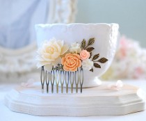 wedding photo - Ivory Peach Pink Flower Hair Comb, Peach Wedding Bridal Comb, Country Wedding Woodland Wedding Rustic Vintage Wedding Hair Accessory