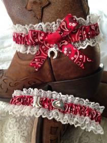 wedding photo - Red Bandanna Country garter set with a lucky horse shoe charm. Bridal / Wedding set