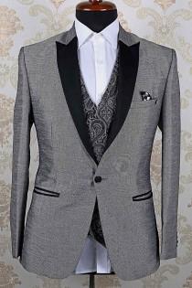 wedding photo -  Grey & black italian divine slim fit suit with peak lapel