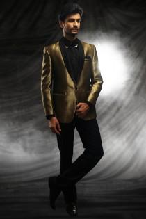 wedding photo -  Gold satin velvet classy price suit with shawl lapel