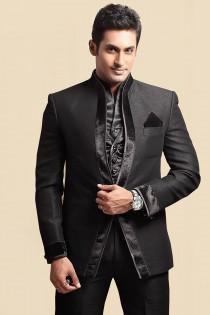 wedding photo -  Black linen Slim Fit Suit with chinese collar