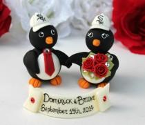 wedding photo - Holding hands penguin wedding custom cake topper with personalized banner, sport themed wedding