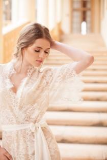wedding photo - Swan Queen Bridal Lace robe kimono in Ivory with Silk champagne lining - style 104
