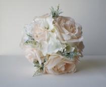 wedding photo - Silk Wedding Bouquet,  Silk Bride Bouquet, Blush Roses Hydrangeas, Vintage Inspired Rustic Wedding, Bridesmaid Bouquet