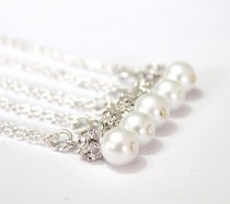 wedding photo -  Set of 6 Bridesmaid Necklaces,Sterling Silver Chain,Pearl and Rhinestone Necklaces, Pearl Necklaces,6 Pearl and Crystal Necklaces Gift Ideas