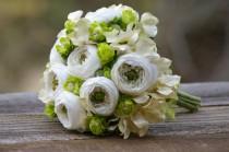 wedding photo - Ivory Silk Ranunculus and Green Hops Brooch Bridal Bouquet