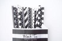 wedding photo - Black Tie -BLACK and WHITE Paper Straws Cocktail party straws -Graduation or Wedding Party-Stripe straws *Black straws *Polkadot
