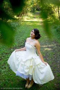 wedding photo - SAMPLE White Hi-Low Wedding Dress- Pattern Fabric Aysmetrical Hem Fairytale Inspired - Bridal Gown- Medium