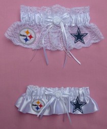 wedding photo - Wedding Garter Set - House Divided Two Team Rivalry Sports Rivals Themed - Lace and Satin Bridal Garters