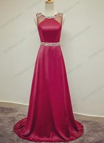 wedding photo -  PD16027 Simple elegant crystal detailed scoop neck red long evening prom dress