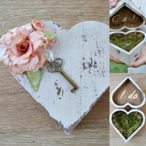 wedding photo - Original Wooden Heart Box Carrier Alliances . Heart Wedding Rings Paper flowers and moss.Personalizable ring bearer box. Alternative wedding