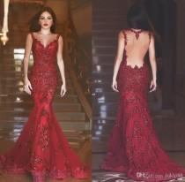wedding photo - Arabic 2016 Evening Dresses Real Photo Red Lace Sequins Formal Celebrity Dresses Gowns Mermaid Beading Sheer Crew Neck Backless Online with $108.85/Piece on Hjklp88's Store 