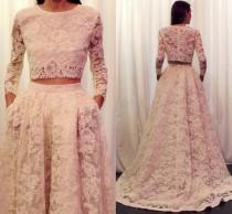 wedding photo - 2016 Lace Wedding Dresses Long Sleeve Plus Size Wedding Dress Two Pieces Bridal Gowns High Low Real Photo Sheer Illusion Beach Pocket Online with $98.14/Piece on Hjklp88's Store 