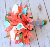 wedding photo - Natural Touch Wedding Bouquet - Coral Turquoise Aqua Teal Callas and Lilies with Seashells and Starfish Silk Bridal Bouquet