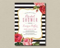 wedding photo - Printable Bridal Shower Invitation - Black and White Stripes with Roses (BR159)