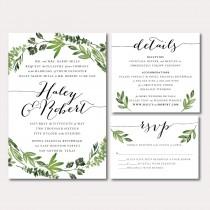 wedding photo - Printable Wedding Invitation Suite - Botanical Wreath - Watercolor Botanicals, Leaves, Herbs