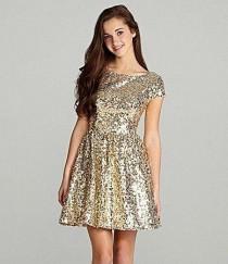 wedding photo - Full sequin short boat neck bridesmaid or junior dress with short sleeves and flared skater skirt