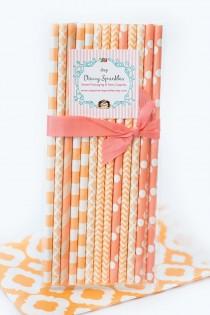 wedding photo - Coral Straws *Kraft *Chevron *Polkadot *Multipack *IVORY and PEACH Straws -Vintage inspired straws for Birthday, Wedding, or Baby Shower