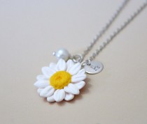 wedding photo - Daisies White Necklace, White Pendant, Personalized Initial Disc Necklace, Bridesmaid Necklace, White Bridesmaid Jewelry, Daisies Flower