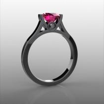 wedding photo - 14k black gold engagement ring,7mm round pink sapphire and two 2mm natural black diamonds, AKR-471