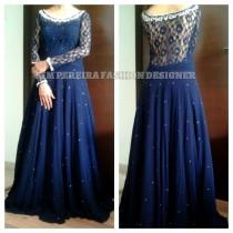 wedding photo - Navy Blue Fusion Evening Gown In Lace & Georgette