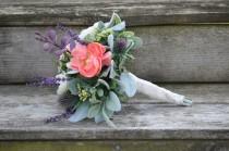 wedding photo - Silk Bridesmaid Flower Bouquet Rustic Country Lace Wedding Thistle Lambs Ear Coral and Ivory Ranunculus Lavender Boxwood Eucalyptus Purple