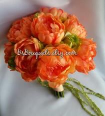 wedding photo - Orange Peonies Silk Bridal Bouquet