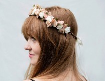 wedding photo - Blush Pink and Ivory Rose Bridal Flower Crown - Bridal Headpiece, Pink Flower Crown, Floral Crown, Ivory Flower Crown, Bridal Hair Wreath