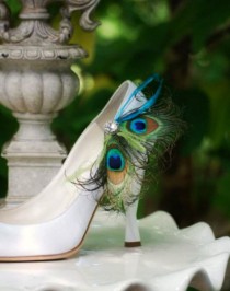 wedding photo - Fancy Shoe Clips Peacock Feathers Duo & Rhinestone. Night Out Statement, Golden Globe Glam, Spring Bride Bridesmaid, Bold Couture Jewel Tone