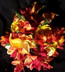 wedding photo - Tropical Brides Bouquet in red, yellow, orange calla lillies, tiger lillies, hibiscus orchids