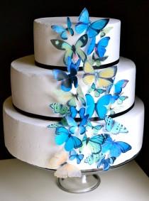 wedding photo - Wedding Cake Topper Blue and Green EDIBLE Butterflies - Edible Butterfly Wedding Cake & Cupcake Toppers, PRECUT and Ready to Use