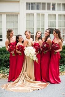 wedding photo - Bridesmaids In Floor Length Red Dresses