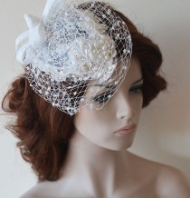 wedding photo -  Bridal Birdcage Veil, White Fascinator, Crystals Pearls Lace Birdcage, Bandeau Birdcage Veil, Wedding Accessory, Bridal Hair Accessories