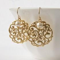 wedding photo - Pearl Floral Gold Dangle Earrings Wedding Jewelry