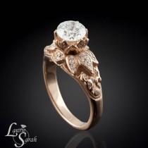 wedding photo - Diamond Lotus Flower Engagement Ring in 14kt Rose Gold - Milgrain Detail - LS1245