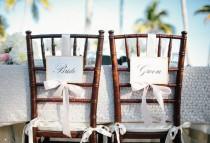 wedding photo - 1 Pair of Prop Chair Signs with Ribbon for Bride, Groom, Mr, Mrs, Love Birds, Just Married, Thank You - The Bistro Collection