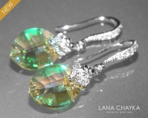 wedding photo - Luminous Green Crystal Earrings Sterling Silver Pure Leaf Earrings Crystal Dangle Earrings Swarovski Luminous Crystal Sparkly Earrings