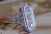 wedding photo - Antique Diamond Engagement Ring 18k White Gold Art Deco Art Nouveau Filigree Shield Setting Wedding Ring