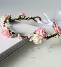 wedding photo -  Pink Floral Crown, Pale Pink and White Rose Flower Crown, Flower girl flower crown, bridesmaid headpiece