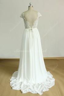 wedding photo - Scallop backless chiffon lace wedding wedding dress with removable satin sash and capsleeves