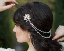 wedding photo - Draped Wedding Crystal and Pearl Headpiece, ALYSON