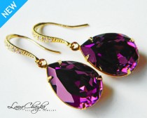 wedding photo - Amethyst Gold Crystal Earrings Swarovski Amethyst Purple Rhinestone Earrings Amethyst Teardrop Dangle Earrings Wedding Purple Jewelry