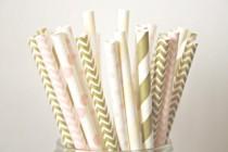 wedding photo - Blush Pink, CHampagne and Gold Paper Straws, Blush and Gold Wedding Decor, Baby Shower Decorations, Shabby Chic Rustic Buffet Table