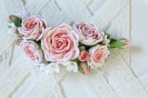 wedding photo - Pink peach roses in bud White small piece of hair color. Bride hair. wedding. Bridesmaids Ready to Ship.